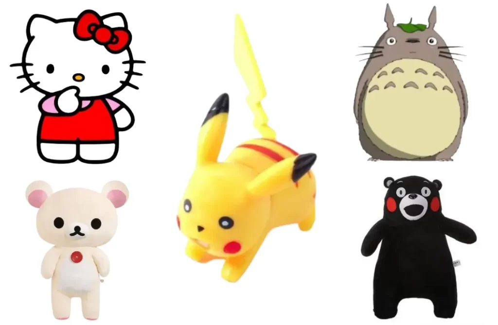 Pictures of Kawaii culture cartoon characters Hello Kitty, Pokemon, Totoro, Rilakkuma, and Kumamon.